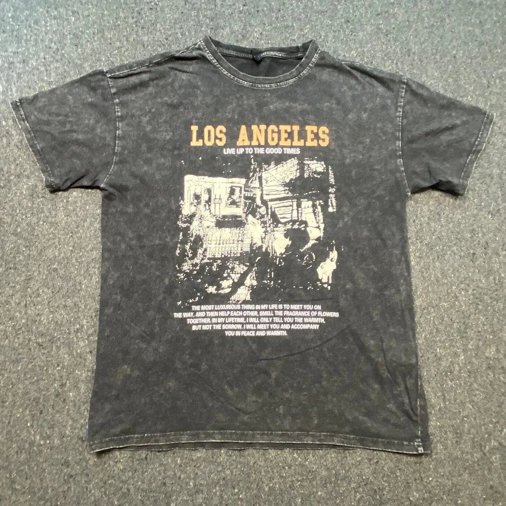Romwe Los Angeles Graphic Shirt Sz L Mens Gray Streetwear Acid Wash Short Sleeve